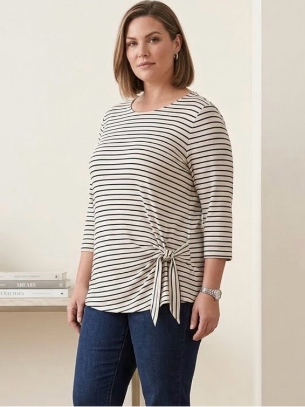 Chico's Knit Top Tunic Size XL (3) Side Tie Blue Striped 3/4 Sleeve Scoop Neck
